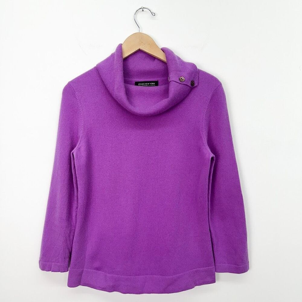 Jones New York Women’s Purple Cashmere Button Detail Funnel Neck Sweater
